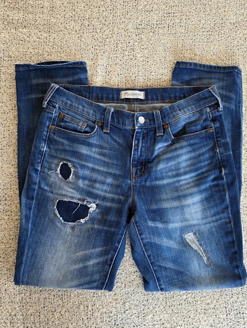 Madewell Distressed Slim Straight Jeans 27 Blue Wash Ripped Boyfriend Denim